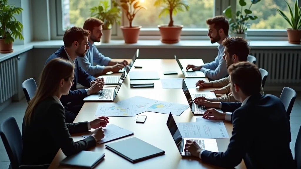 Equipo de redacción trabajando alrededor de una mesa con portátiles