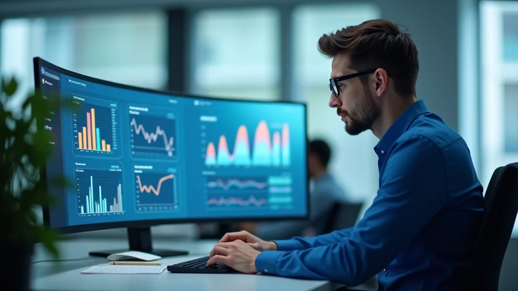 Analista revisando conjuntos de datos en un escritorio con dos pantallas